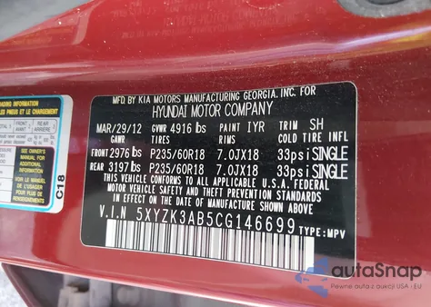 2012 Hyundai Santa Fe Limited z USA, uszkodzony, nr VIN 5XYZK3AB5CG146699